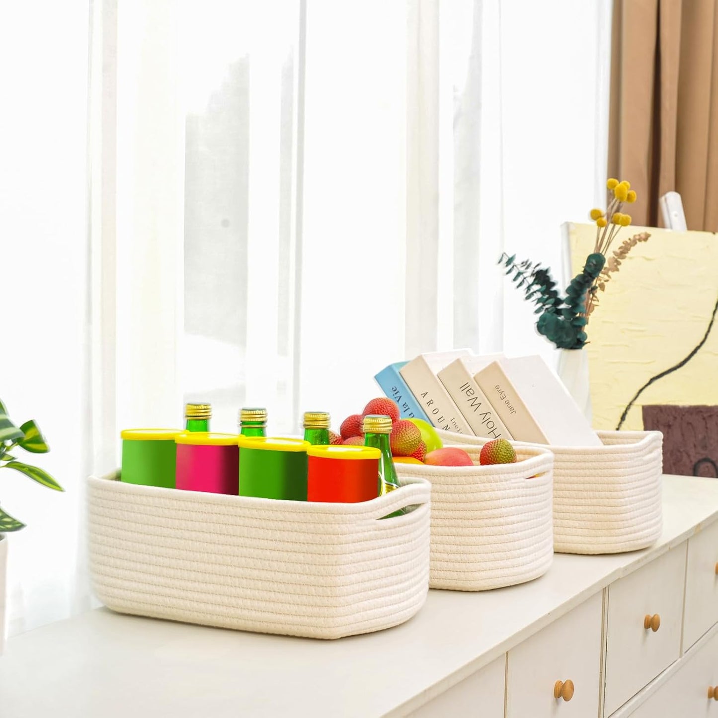 Small Storage Baskets for Organizing, Organizing Baskets for Shelves, Small Cute Basket for Gifts Empty, Organizer Basket for Decor, 13"×8.5"×5.1" (3 Packs) Off White