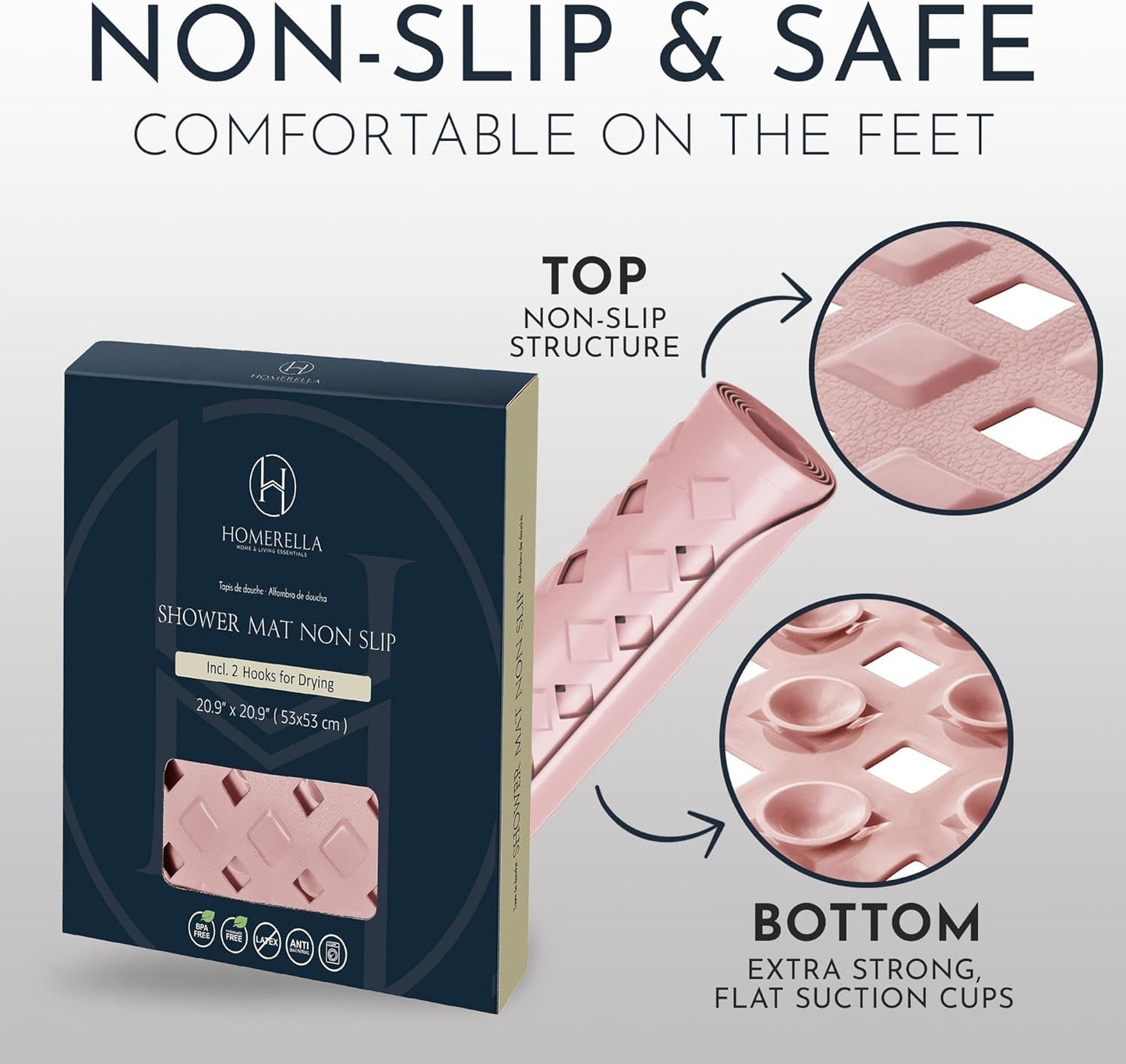 Homerella Anti Slip Shower Mat | Anti Mold Non Slip Bathtub Mat for Inside Shower | Square Floor Shower Mat 21 x 21 inch with Suction Cups for Grip & Hooks Hanging and Quick Drying | Machine Washable