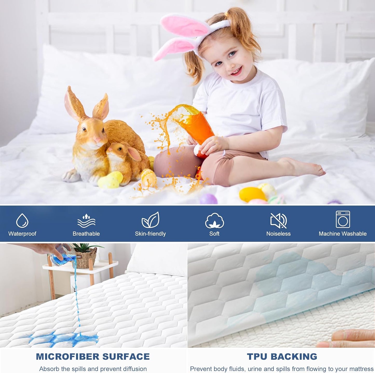 GRT Full Mattress Protector Waterproof, 100% Waterproof Quilted Fitted Mattress Pad, Noiseless Hollow Cotton Mattress Cover, fits up to 18" Deep, Dust Proof White