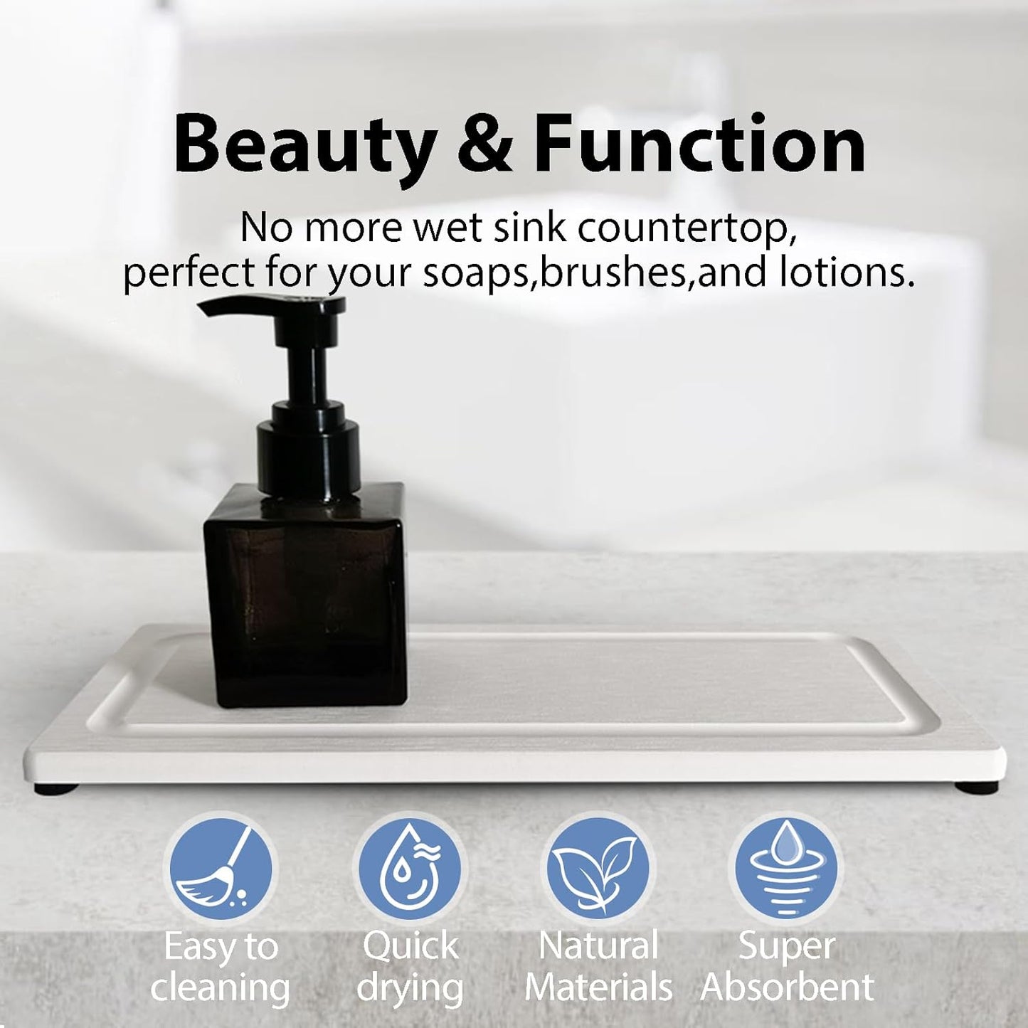 2 PCS Fast-Drying Stone Trays for Bathroom Sink & Kitchen Counter, Water Absorbing Diatomite Sink Coasters, Vanity Tray, Hand Soap Holder with Anti-Skid Pads (11" x 4.7" White)
