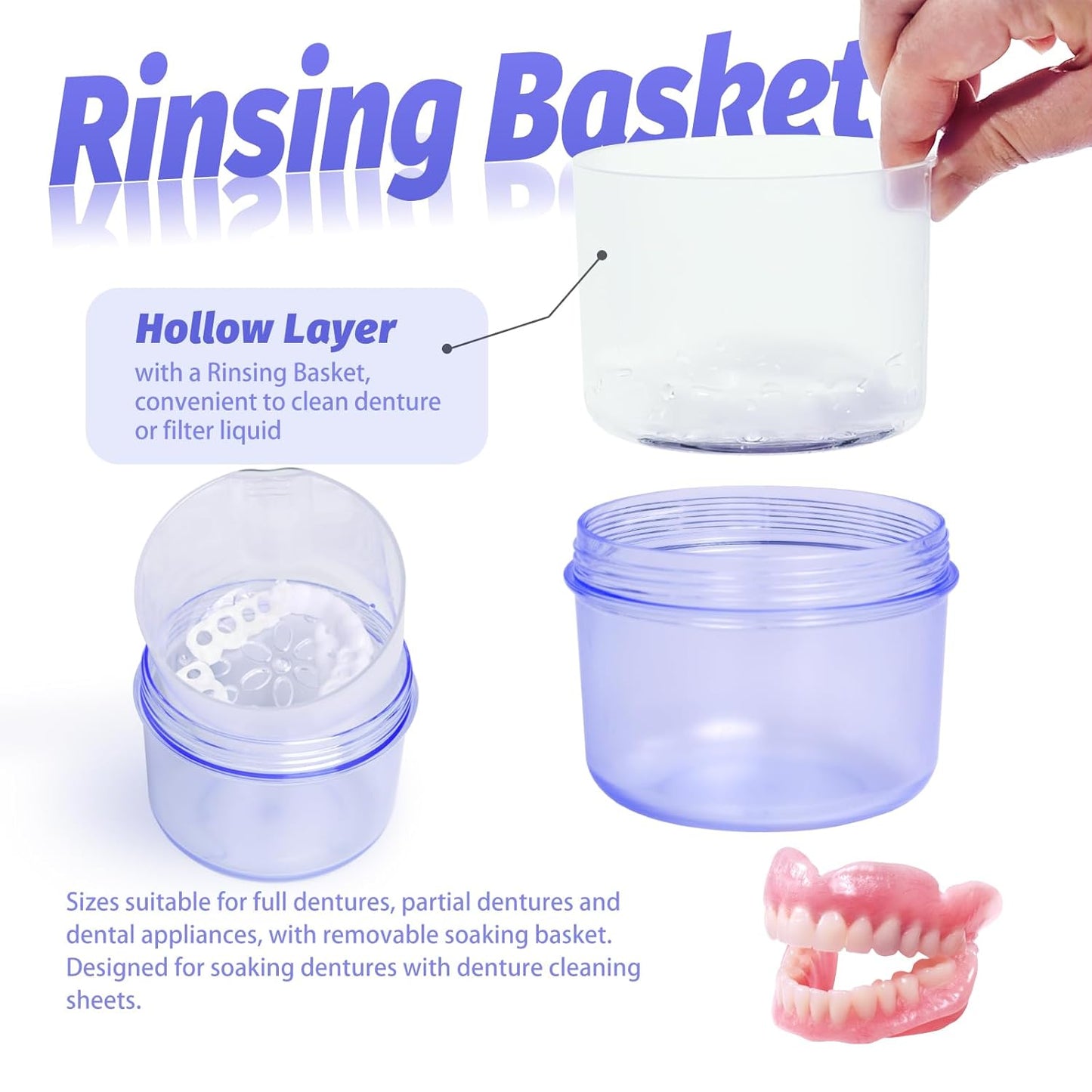Large Denture case, No-Leak Denture Bath Box Denture Cup, Retainer Cleaning Box, Complete Clean Care for Dentures, Clear Braces, Mouth Guard, Night Guard & Retainers (transparent blue)