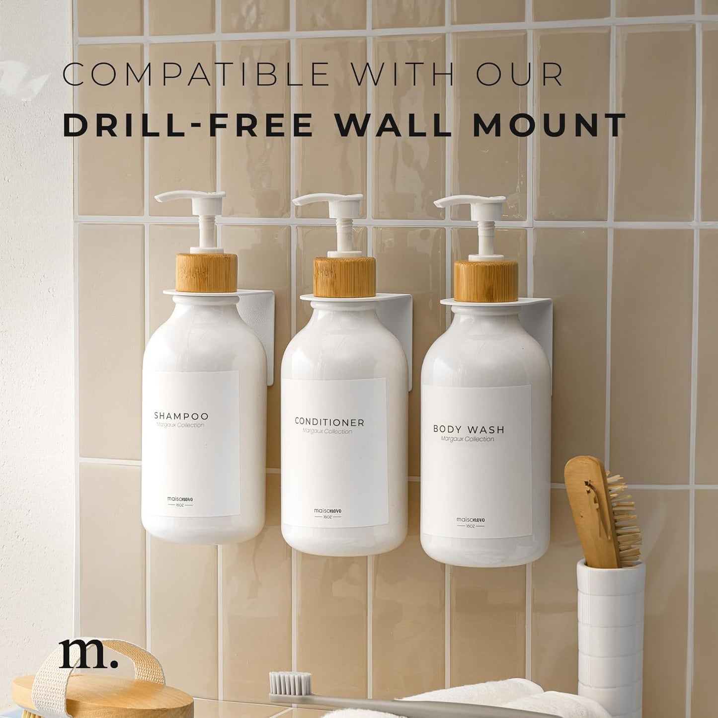 MaisoNovo Refillable Shampoo and Conditioner Bottles | 16.9 fl oz Set of 3 White Plastic Bottles White Bamboo Pumps