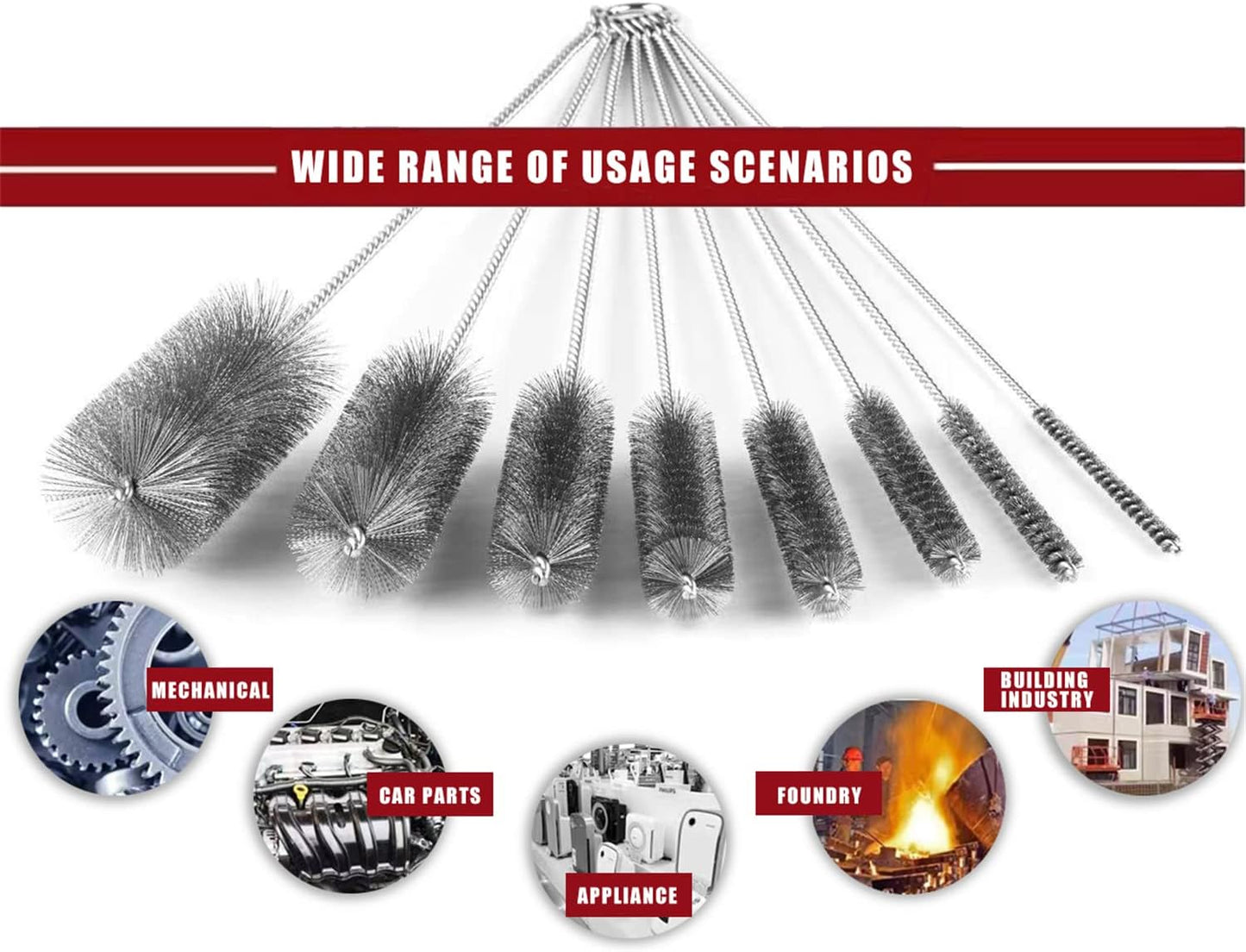16 Inch Extra Long Pipe Cleaning Brush Set Stainless Steel Bristles, Stainless Steel Pipe Brush Steel Bottle Brush 8 Piece Variety Pack for Auto Parts, Bottles,Tubes, Etc.