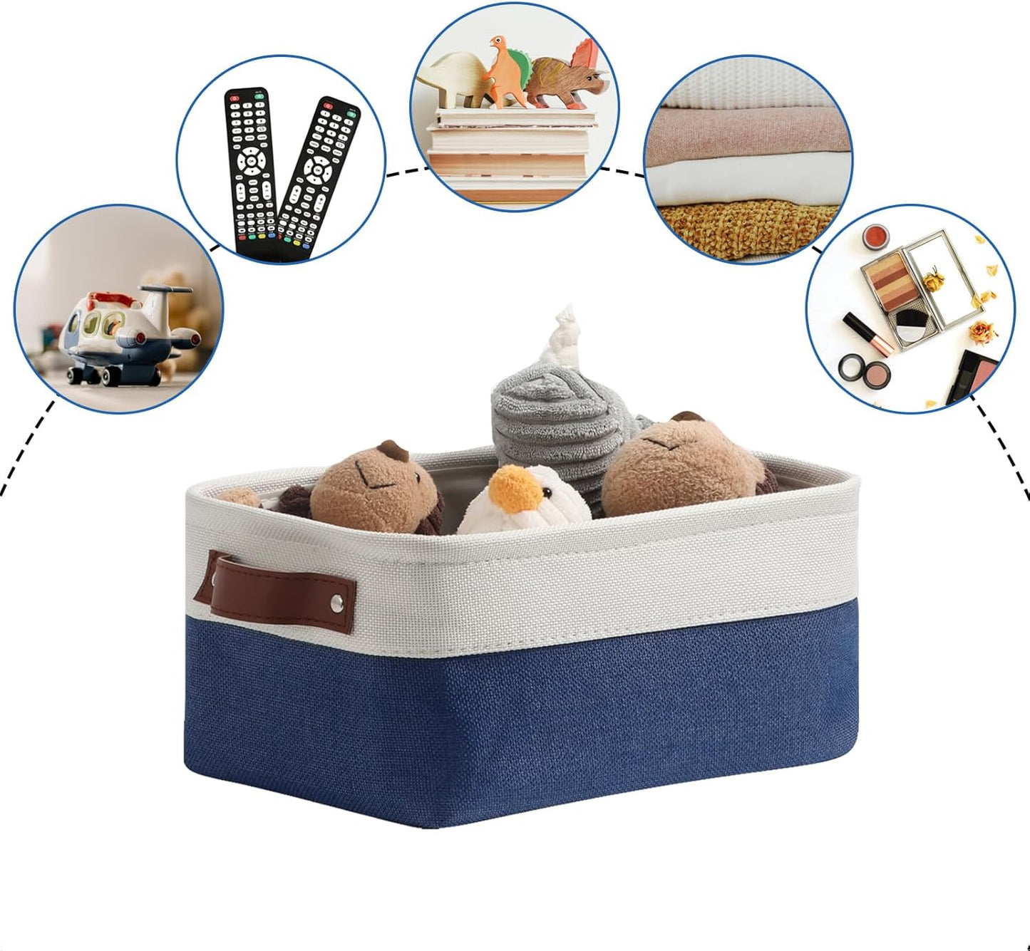 DULLEMELO Small Storage Bin,Small Fabric Rectangular Storage Basket for Shelves,Collapsible Bin for Toy and Clothes Storage (White&Blue,1 Pack)