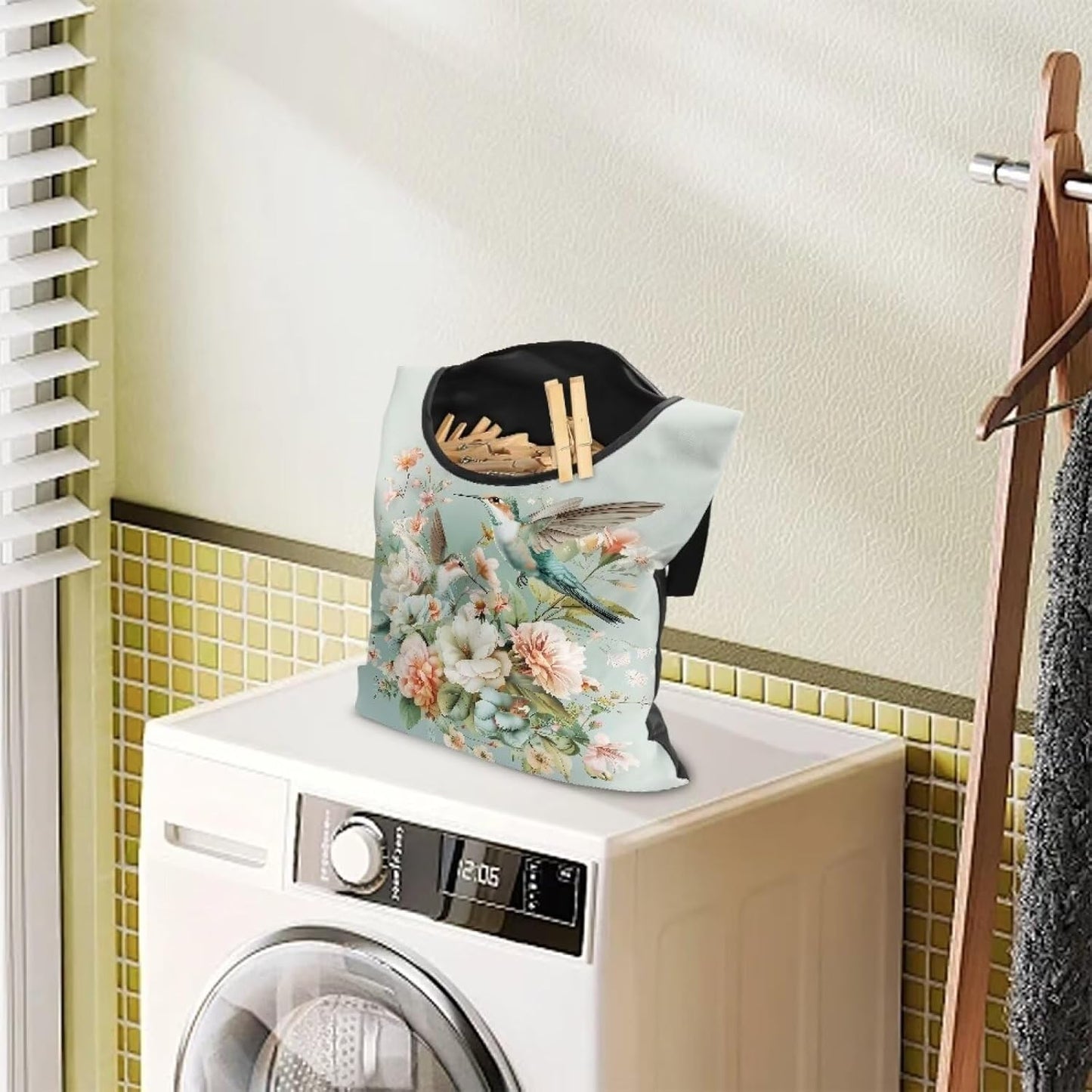 Hummingbird Floral Clothes Pin Bag to Hang On Line Reusable Clothespin Holder Laundry Room Clothespin Holder with Large Opening Space-Saving Clothespin Storage Solution