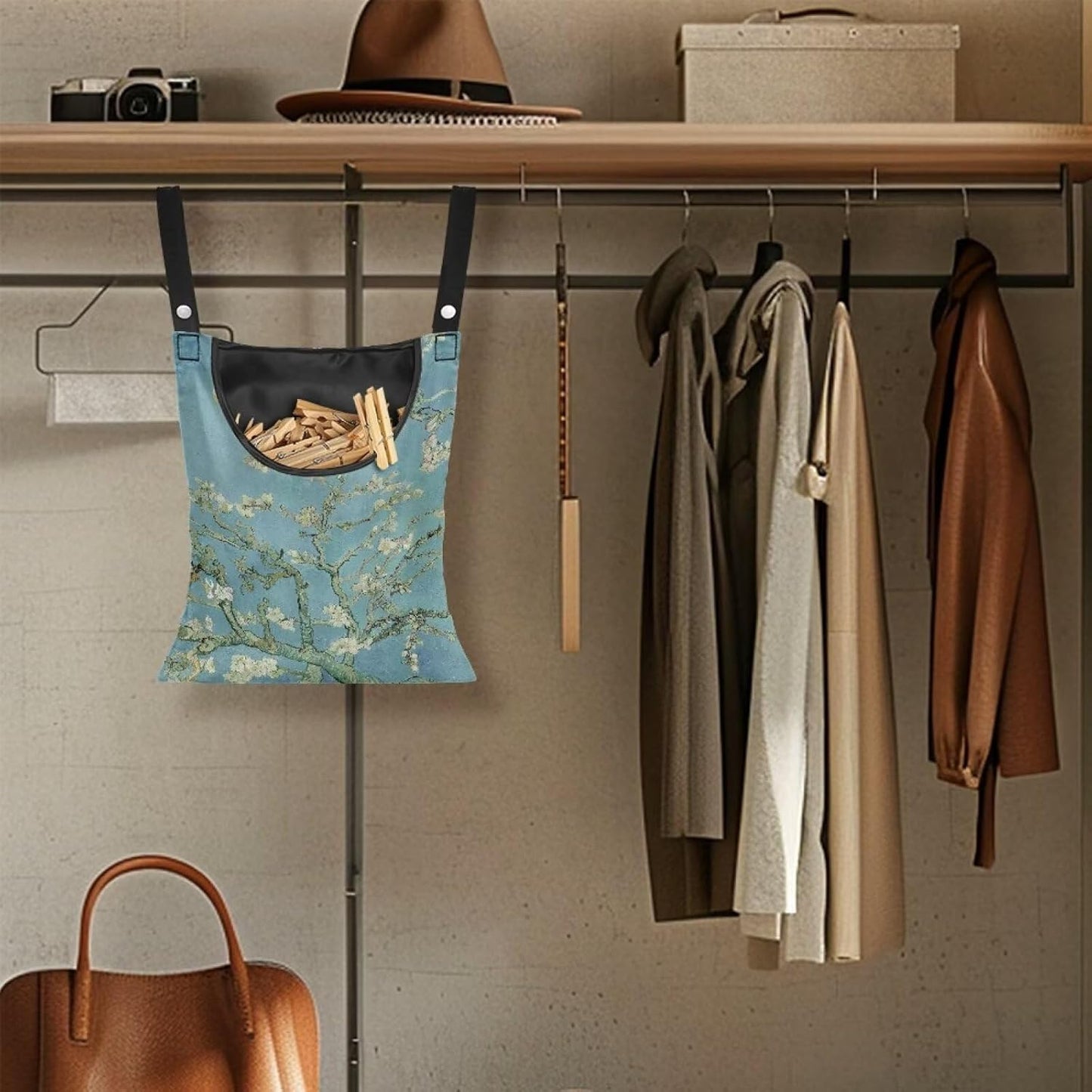 Almond Blossom Print Max Capacity Clothespin Storage Bag 14.5x12in - Generous Opening for Quick Loading - Sturdy Hanging Solution for Outdoor Clotheslines & Indoor Laundry Areas