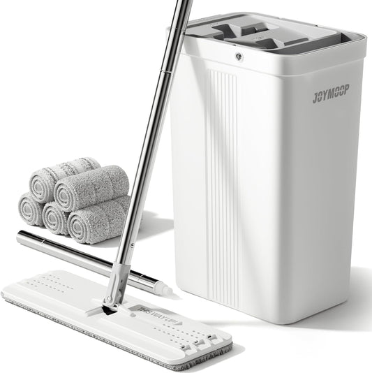 JOYMOOP Mop and Bucket with Wringer Set, White Flat Squeeze Mop Bucket Set for Floor Cleaning, Wet Dry Mops for Walls, Wall Cleaner with Long Handle, Hardwood Floor Mop-5 Microfiber Cloths