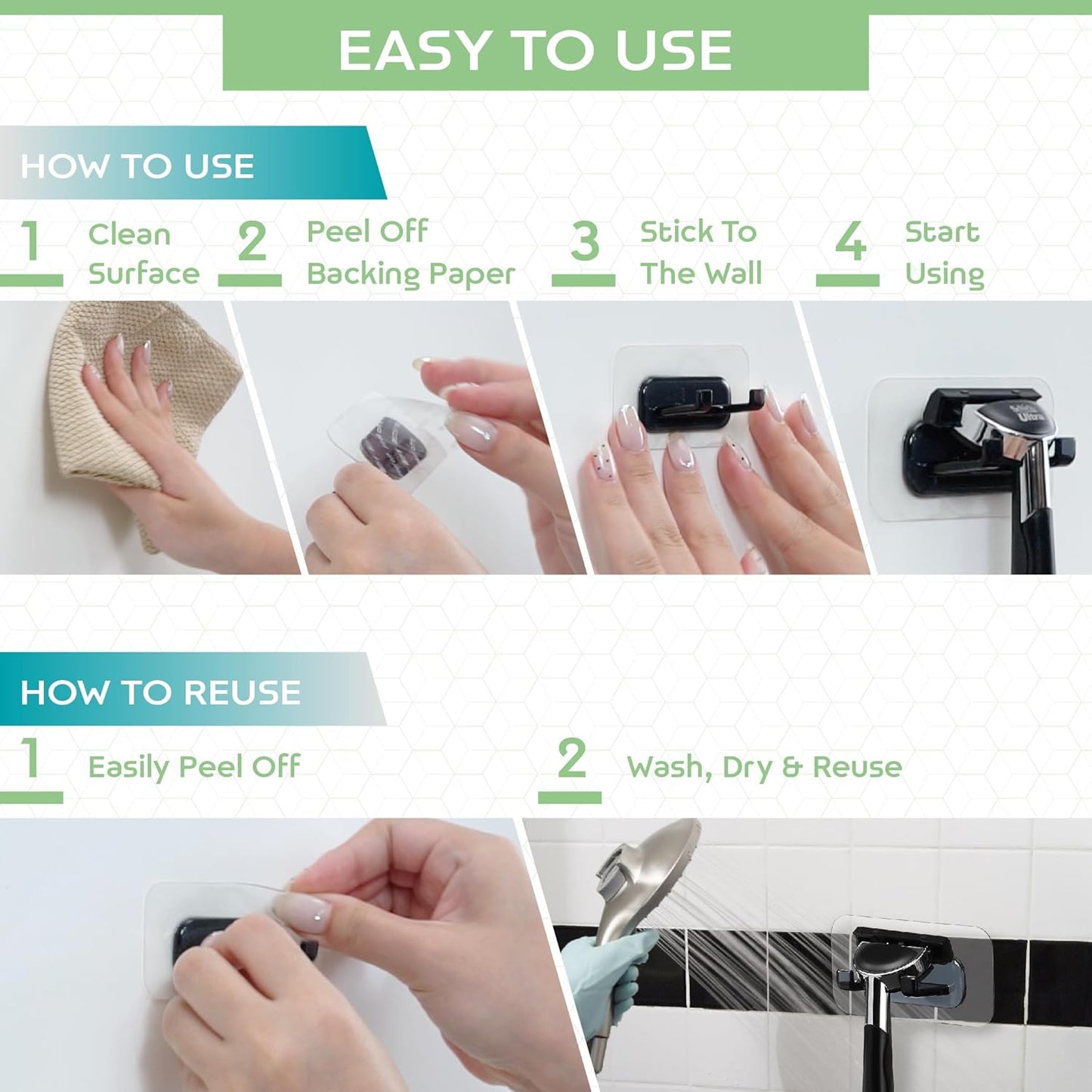 Hook LAB Self-Adhesive Shower Razor Holder, 2-Pack, Removable & Reusable Waterproof Hooks, for Towels, Bath Accessories, Kitchen & Bathroom Use - Black