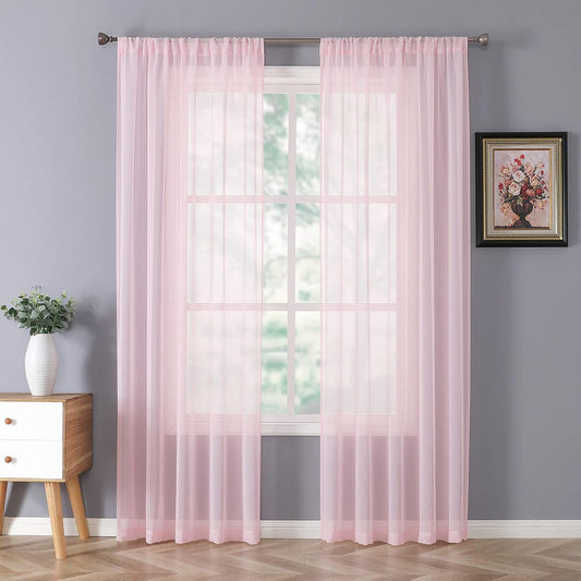 Tollpiz Sheer Curtain Linen Textured Living Room Curtains Sheer Light Filtering Rod Pocket Voile Curtain for Bedroom, 54 x 72 inches Long, Pink, Set of 2 Panels