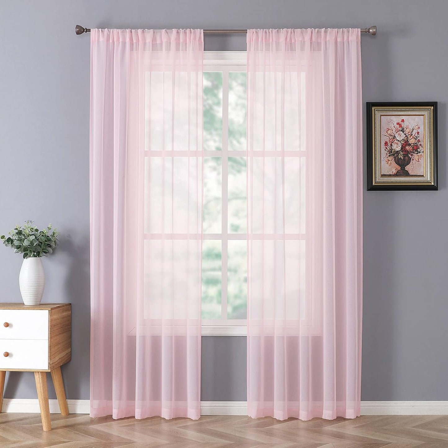 Tollpiz Sheer Curtain Linen Textured Bedroom Curtains Sheer Light Filtering Rod Pocket Voile Curtain for Living Room, 54 x 95 inches Long, Pink, Set of 2 Panels