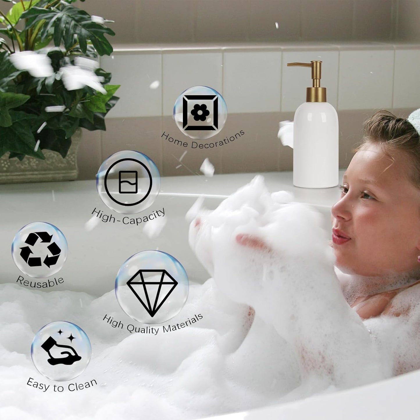 Natheeph 2PC 14OZ Ceramic Soap Dispenser Ceramic Soap Pump Dispenser Can Fill Liquid for Bathroom/Kitchen (White + Green)