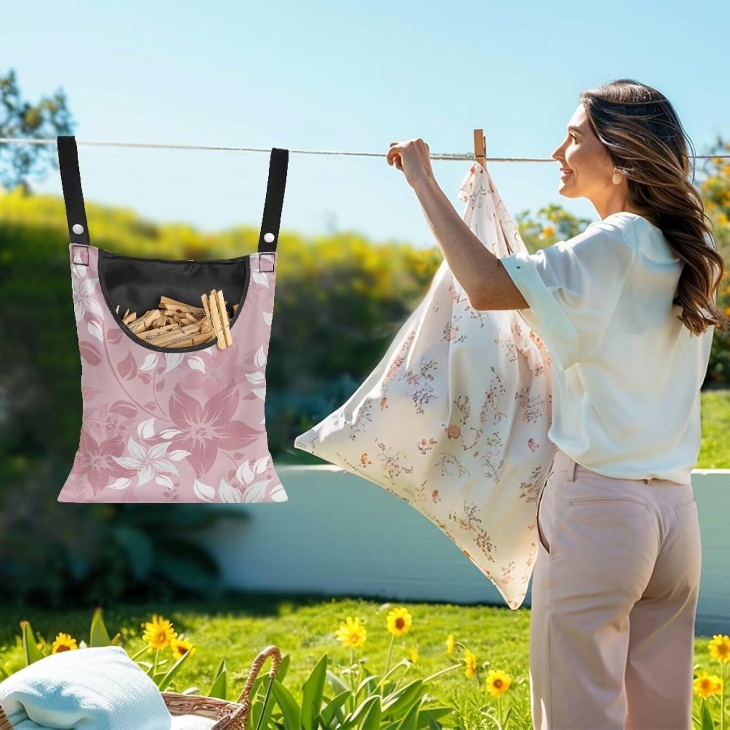 Reinforced Outdoor Clothespin Storage - Minimalist Pink Flower Print Windproof Hanging Bag with Large Opening - Weather Resistant Design for Year-Round Clothesline Use 14.5x12in