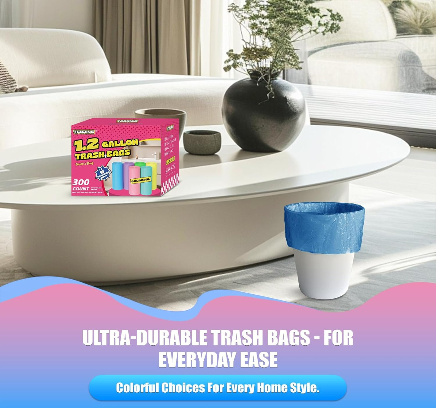 300 Count 1.2 Gallon Trash Bags - 4.5 Liter Colored Small Garbage Bags Unscented Mini Can Liners Leakproof & Tear Resistant for Bathroom, Office, Home