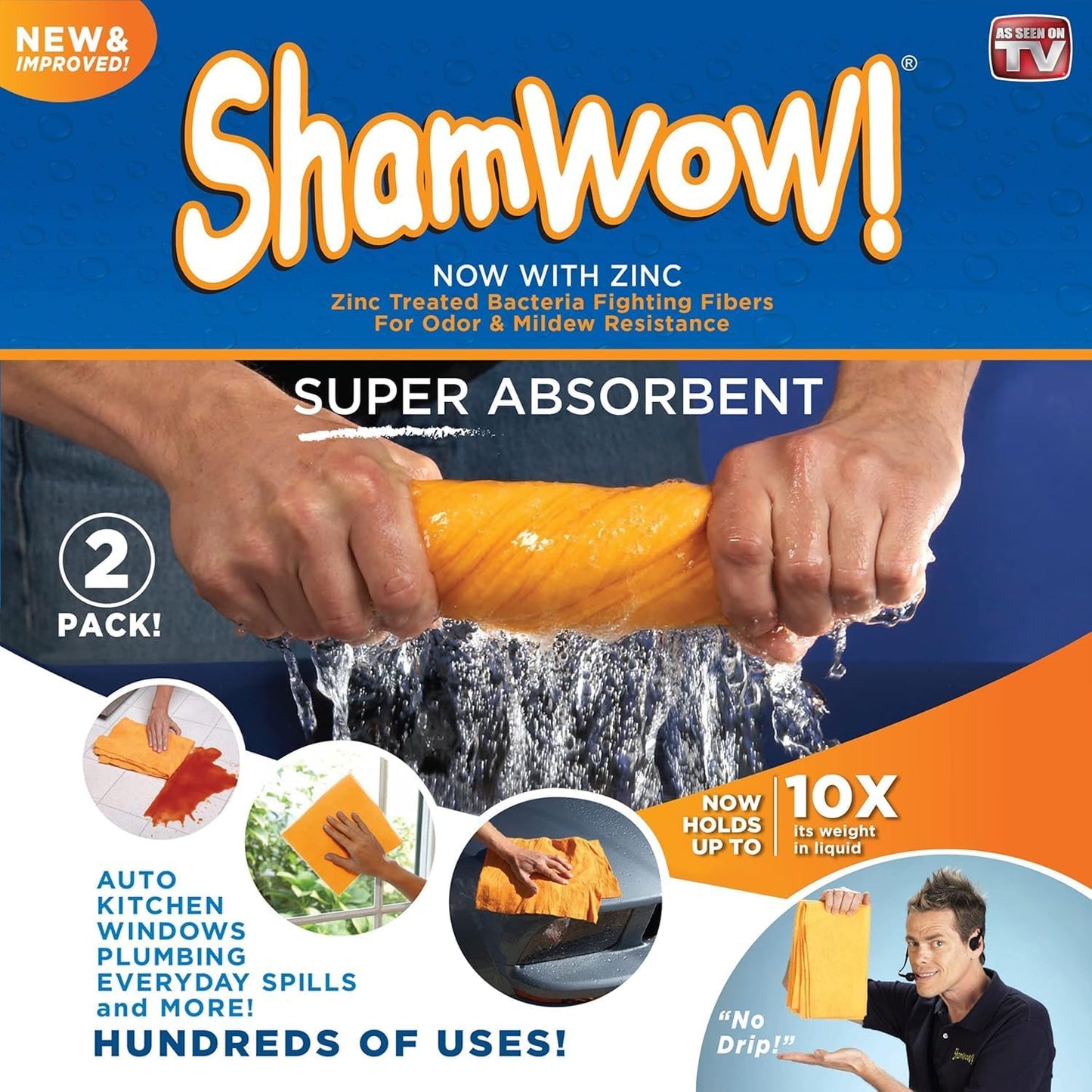 ShamWow Original Super Absorbent Multi-Purpose Cleaning Shammy Chamois Towel Cloth - Holds 10X its Weight in Liquid - Machine Washable - Will Not Scratch (2 Pack, Orange)