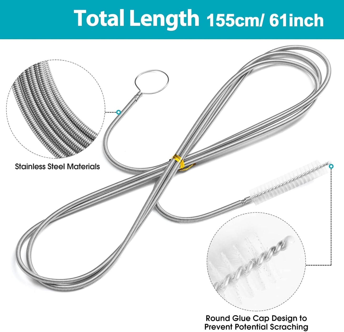 Extra-Thick Drain Brush with Stronger Spring 61-Inch Stainless Steel and Nylon Pipe Cleaner for Flexible, Curved & Slim Holes, Stronger Spring Version