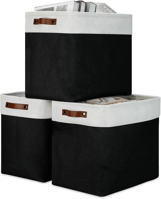 DULLEMELO Fabric Storage Baskets 3 Pack - 17x12x15 inch Large Foldable Fabric Organizer for Storage Decorative Storage Bins for Home,Closet(White&Black)