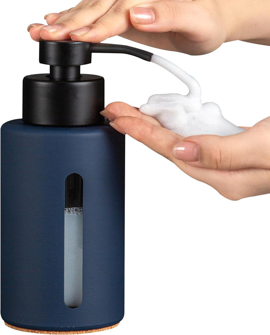 Enra Foaming Soap Dispenser with Window,12oz Blue Kitchen Soap Dispenser with Stainless Steel Hand Pump, Foam Modern Glass Refillable Bottle for Bathroom Kitchen (Blue Foam Dispenser)