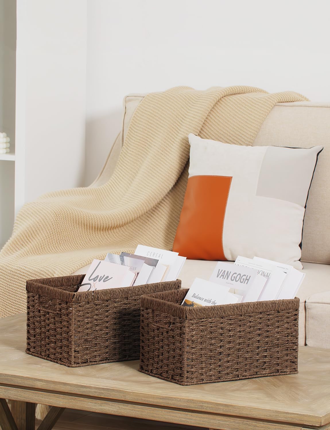 StorageWorks Round Paper Rope Storage Baskets, Rectangular Wicker Baskets with Built-in Handles, Medium, 2-Pack