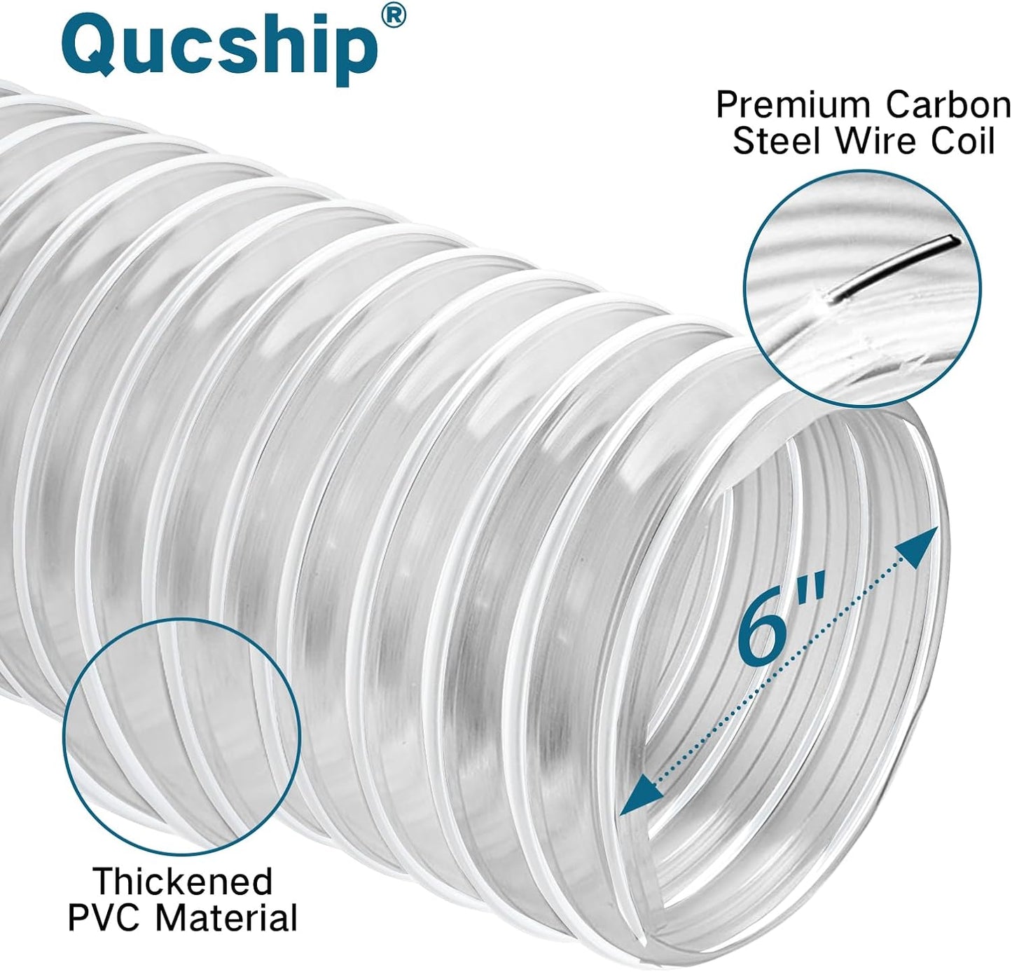 Qucship 6" x 10' Flexible PVC Fume Collection Hose with Carbon Steel Wire Coil, Puncture Resistant, for Dust Collection Systems