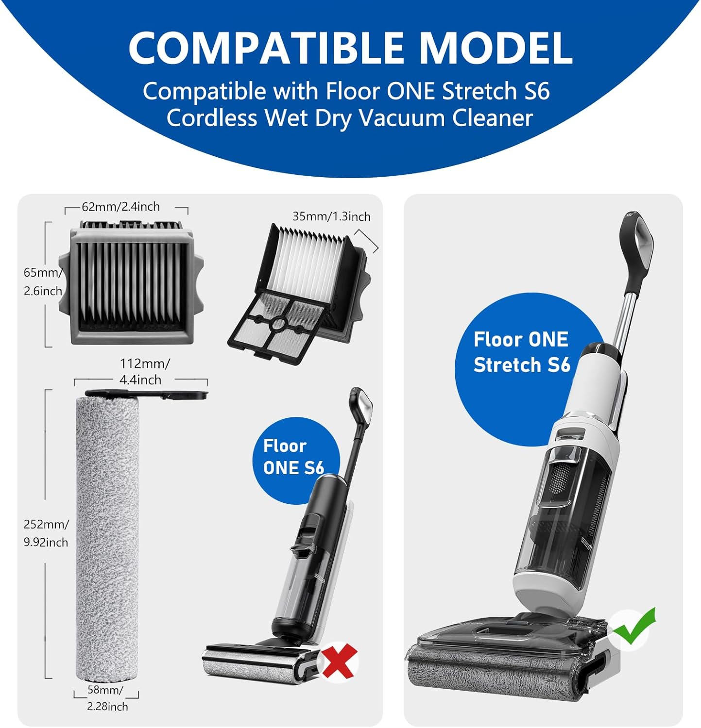 Roller Brush and Filter Replacement Compatible with Tineco Floor One Stretch S6,Floor One Switch S6 Cordless Vacuum Cleaner, Replacement Parts Include 3 Brush Rollers, 3 Filters