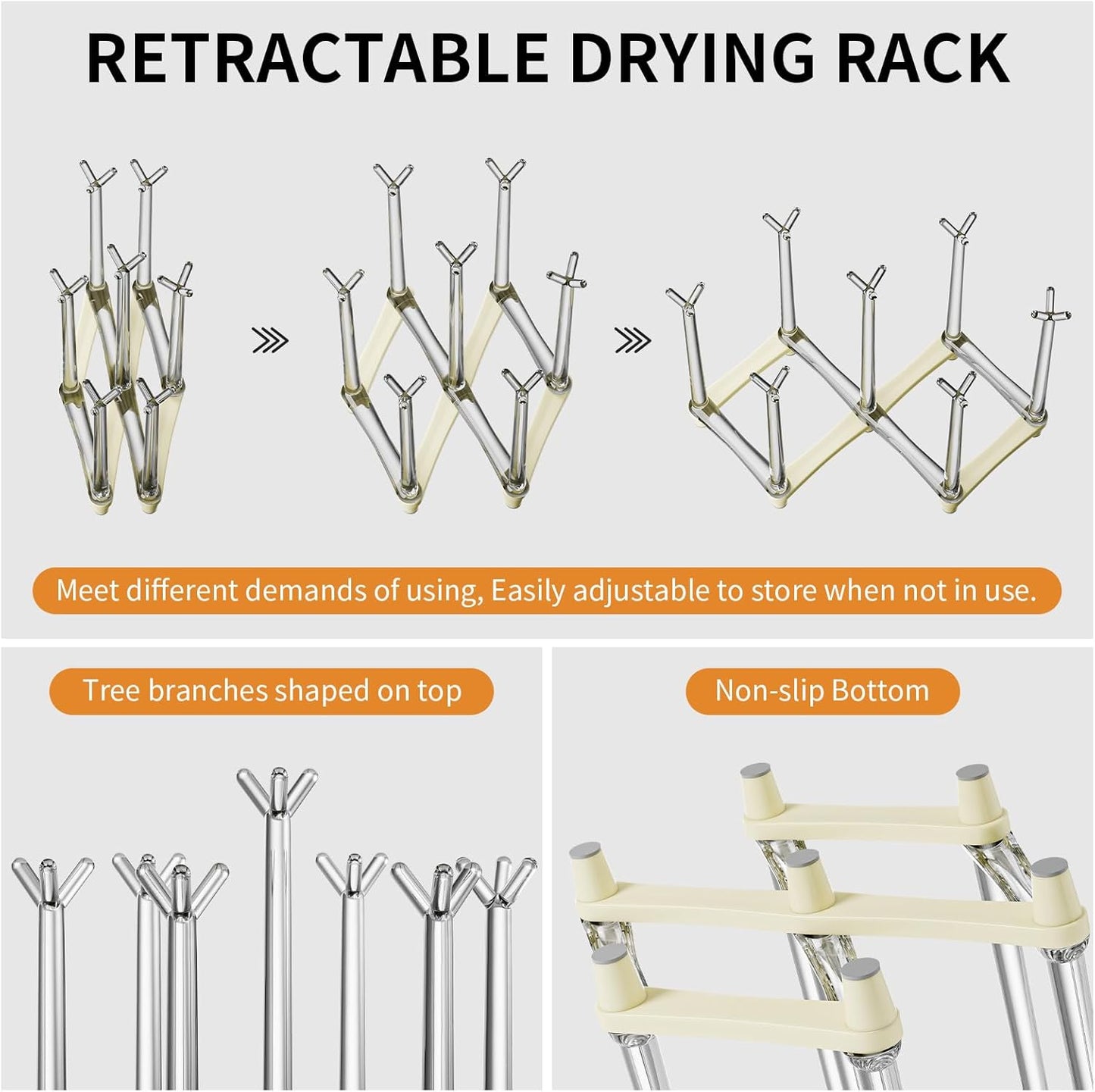 Marbrasse Retractable Cup Drying Rack, Drinking Glass and Sports Bottle Drainer Stand, Plastic Bag Dryer with Non-Slip Bottom for Kitchen Countertop - White