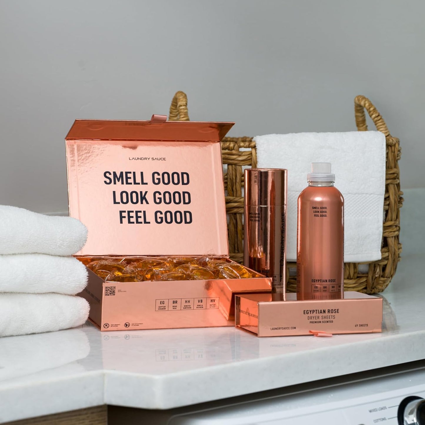 Laundry Sauce - Signature Bundle Egyptian Rose, Scented Laundry Detergent Pods & Scent Booster, Fabric Softener, Dryer Sheets, Fabric Protection, Essential Oils, Long Lasting Luxury Fragrance