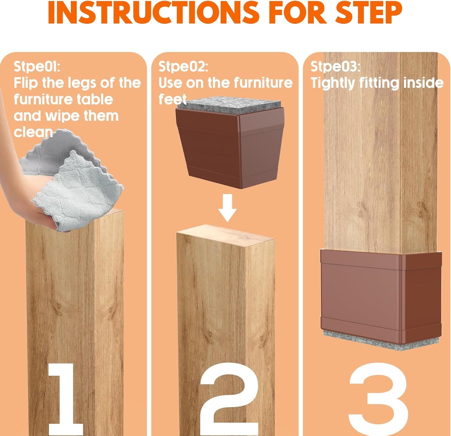 Rectangle Chair Leg Protectors for Hardwood Floors,16 PCS Silicone Covers to Protect Wood Tile Floors Felt Pads Furniture Leg Caps Reduce Noise. Easy to Move.(Brown,1 x 2.5 Inch,Rectangle)