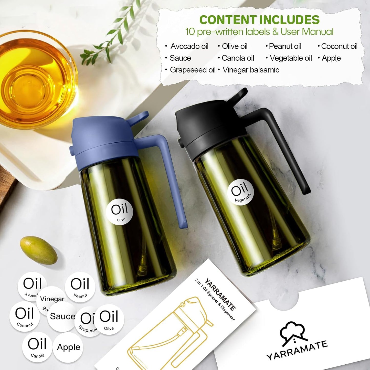 YARRAMATE 2Pcs 16oz/470ml Dark Green Oil Sprayer for Cooking with Stickers, Food-grade Premium 2 in 1 Olive Oil Dispenser Bottle for Kitchen Gadgets, Air Fryer, Salad, Frying, BBQ (Black&Navy)