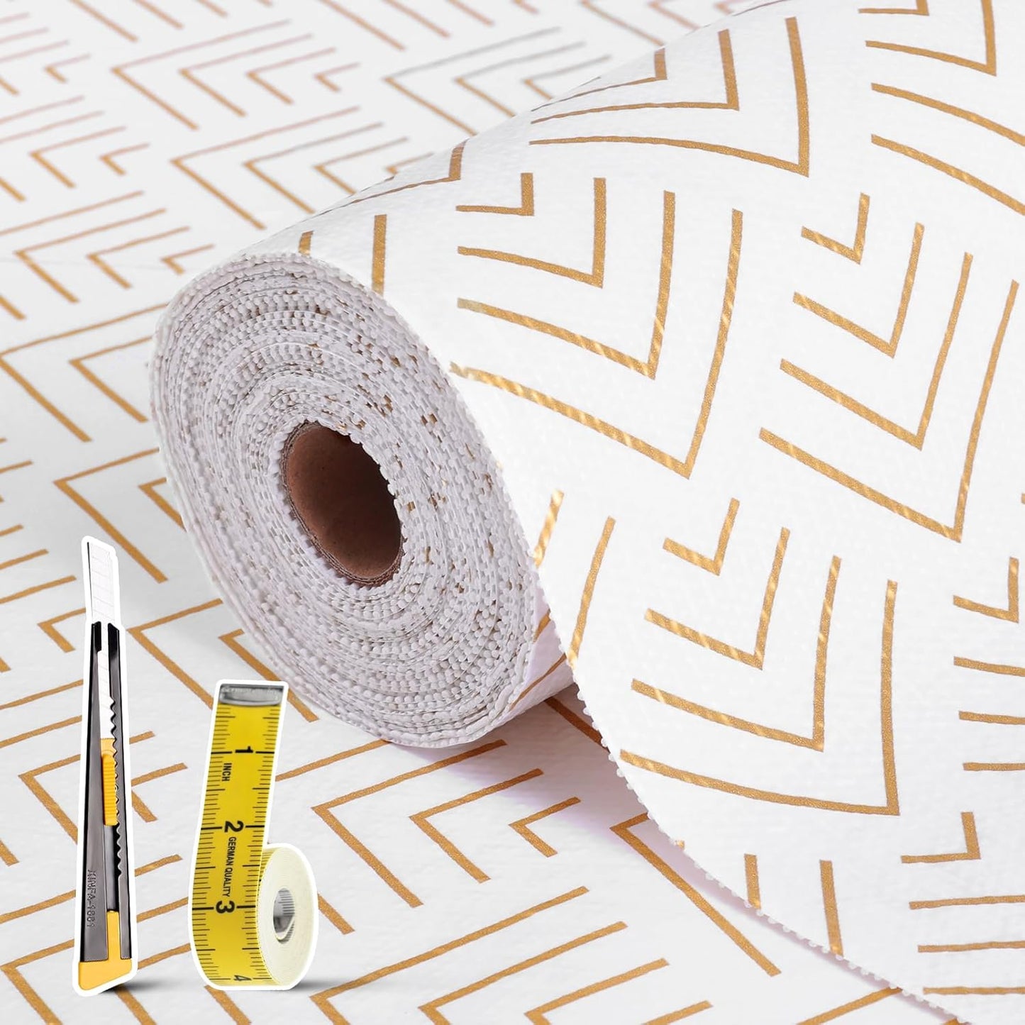 Shelf Liner for Kitchen Cabinets Non Adhesive Drawer Liner Non-Slip Thickened Shelf Liner Paper Strong Easy to Clean for Tool Box Refrigerator with Knife and Tape Measure, Gold Arrow, 11.8 x 354.3 in