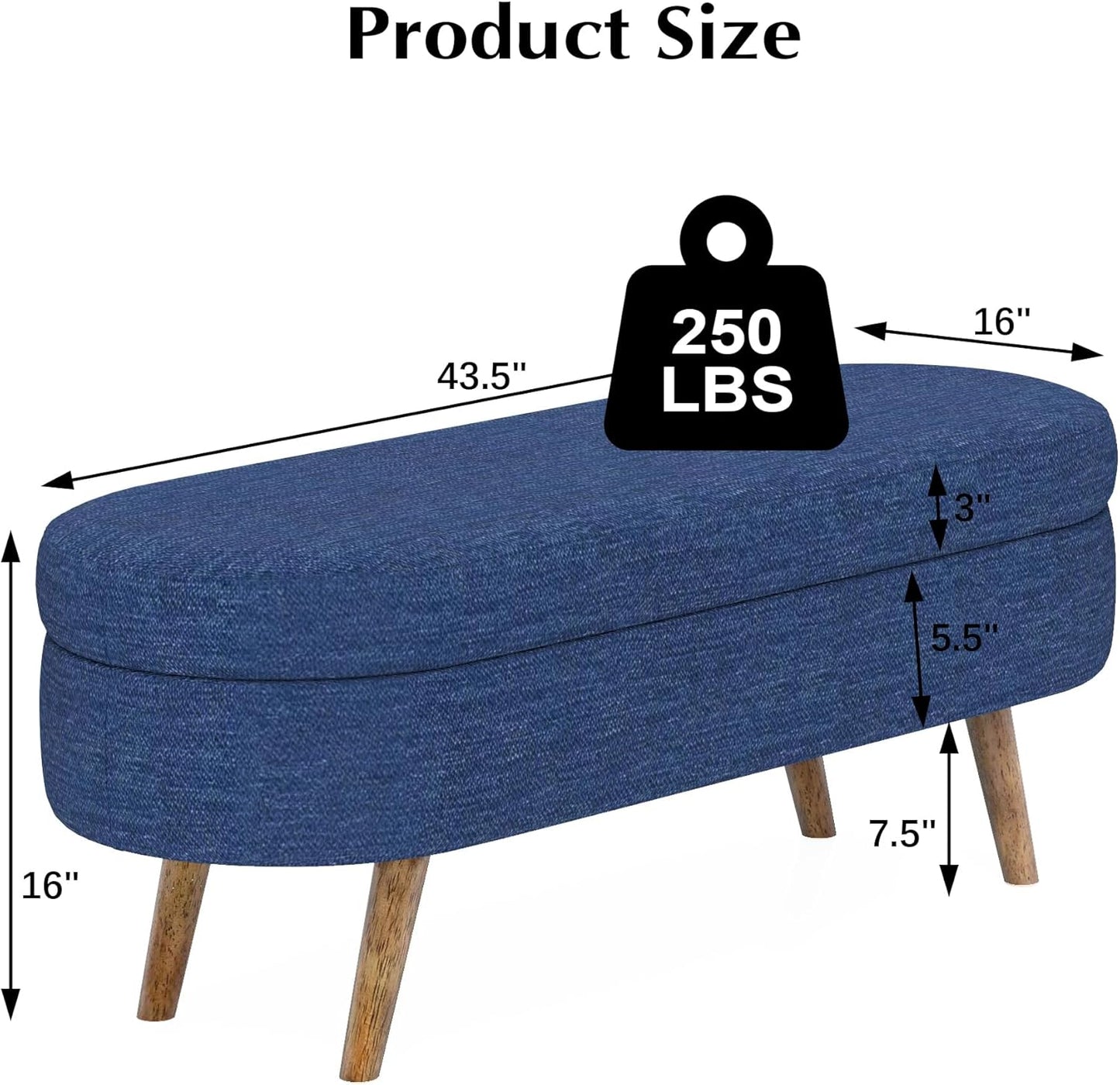 Storage Bench, 43" Storage Ottoman Bench, Shoe Storages Benches for Bedroom, Upholstered Entryway Benches with Seating, Rubber Wood Legs for Bedroom, Living Room, Entryway, Bed Side, Blue