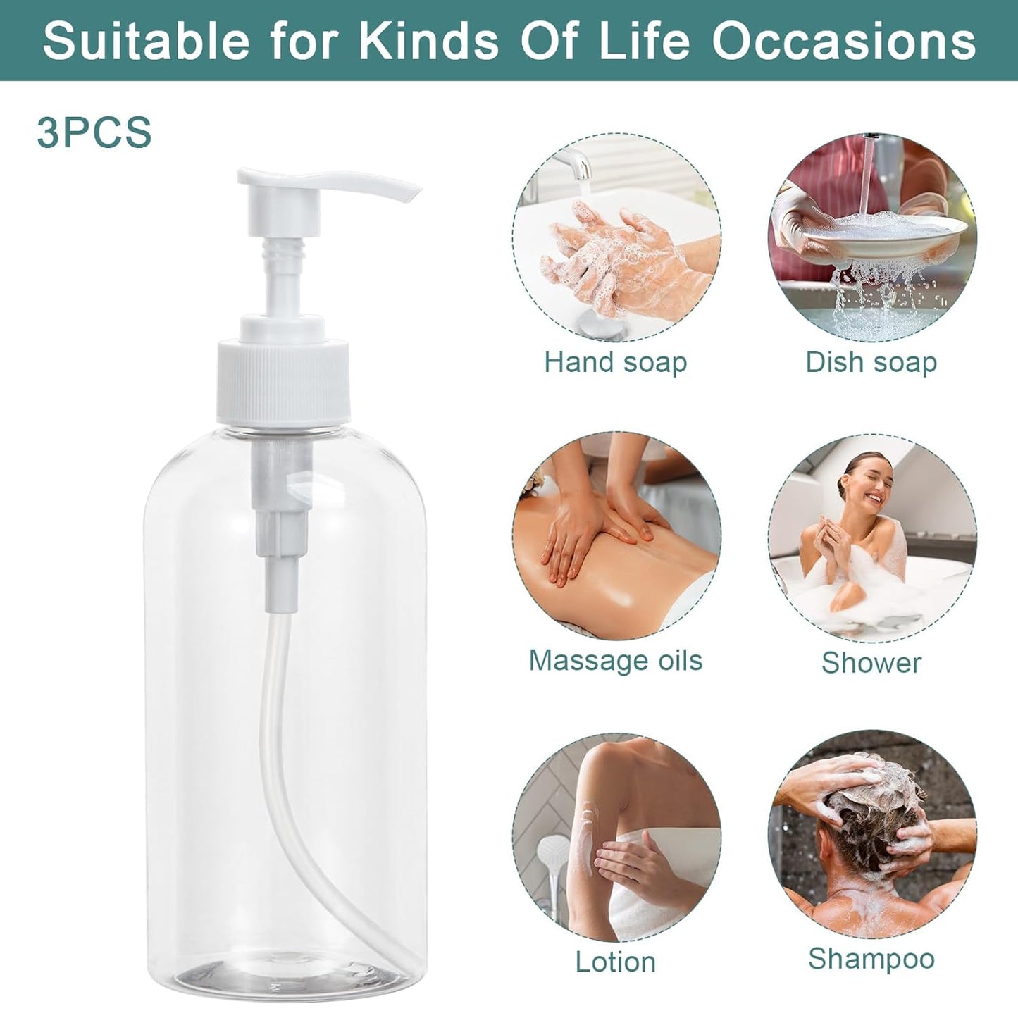 Yebeauty Plastic Pump Bottle, 3 Pack 13.5oz/400ml Stylish Shampoo Bottles Refillable Hand Soap Dish Soap Dispenser with Press for Massage Oil, Liquid Hand, Clear