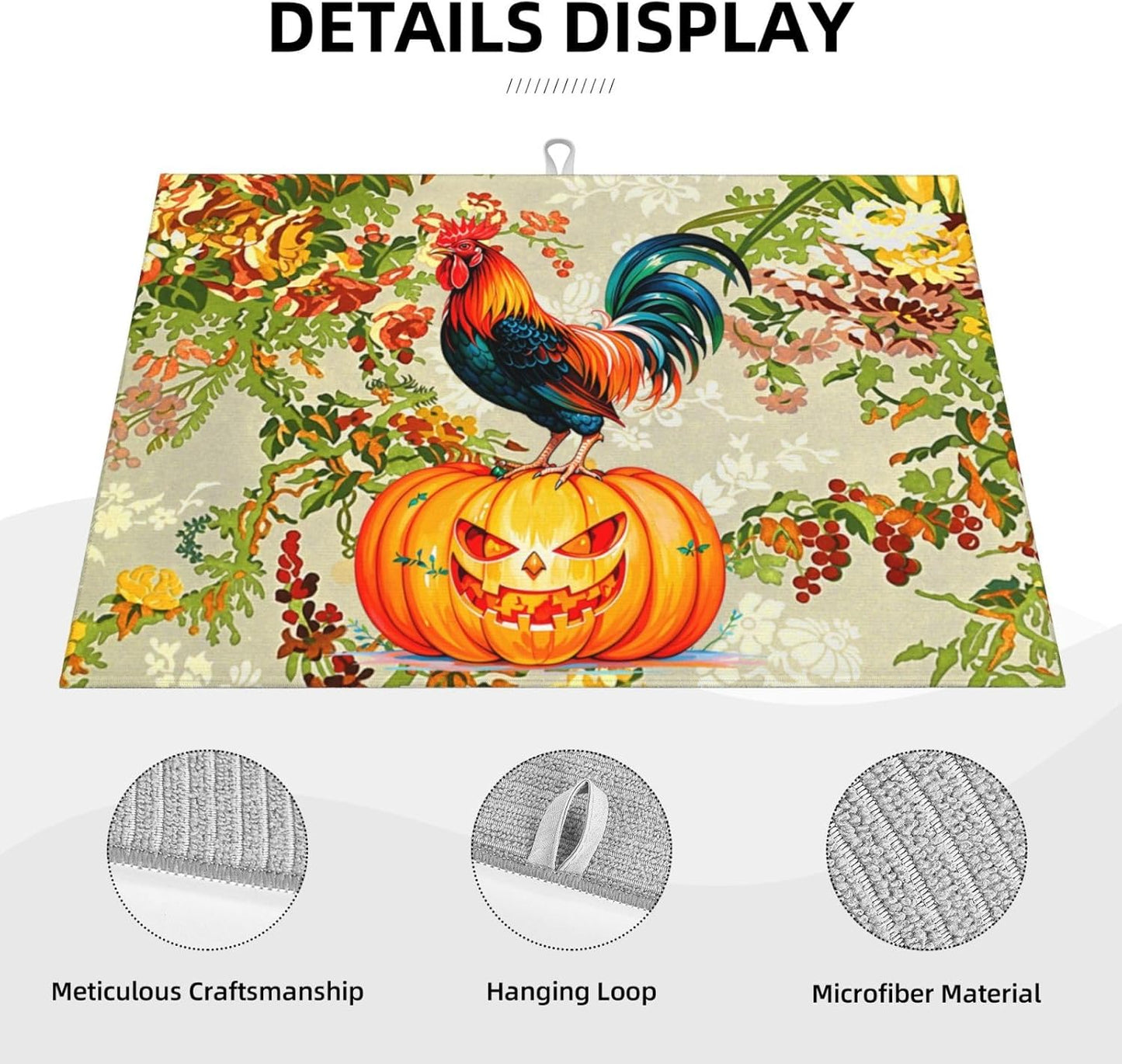Rooster Pumpkin Dish Drying Mat Highly Absorbent Double-Sided Microfiber with Hanging Loop Reversible Drain Dish Rack Mat Drain Mat Suitable for Kitchen Countertop Coffee Bar 18 x 24 Inch