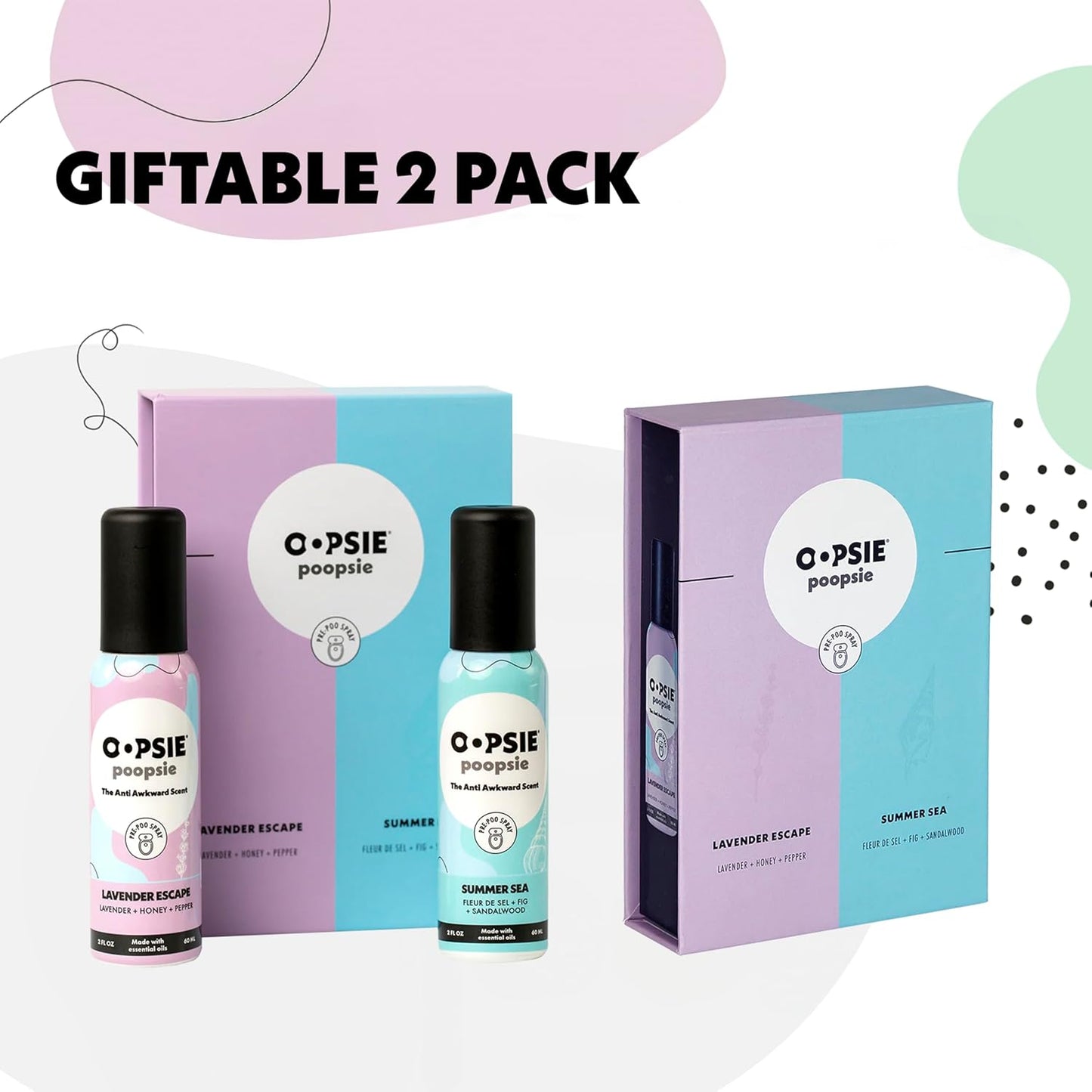 Oopsie Poopsie Pre GO toilet spray, discreet & portable original Pre-poo spray to use on the go. Assorted scents Lavender Scape/Summer Sea Toilet Odor Eliminator 2oz bottle Gift Set 2 pack