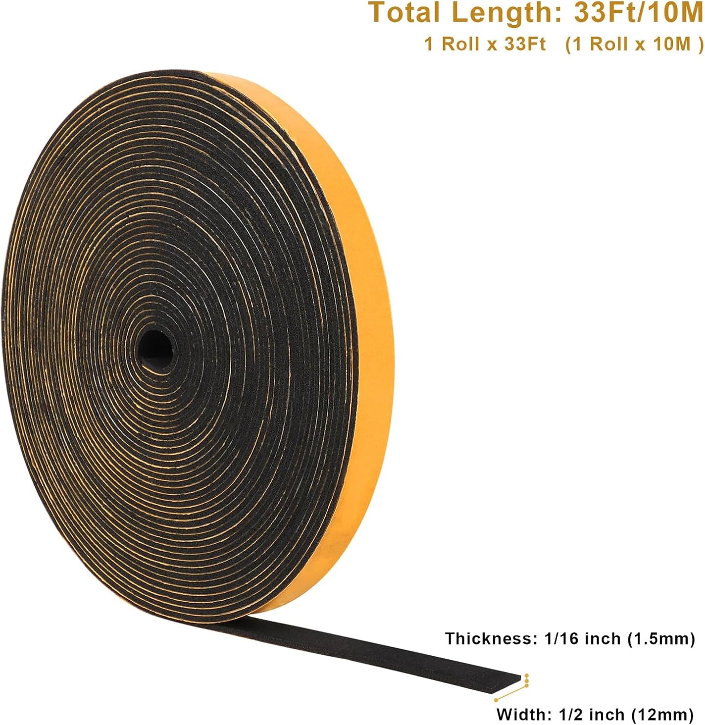 Weather Stripping Soundproof 1/2 in x 1/16 in, High Density Door Seal Strip, Weatherstrip Closed Cell Foam Insulation Tape for Window Storm Door, 1 Roll 33Ft