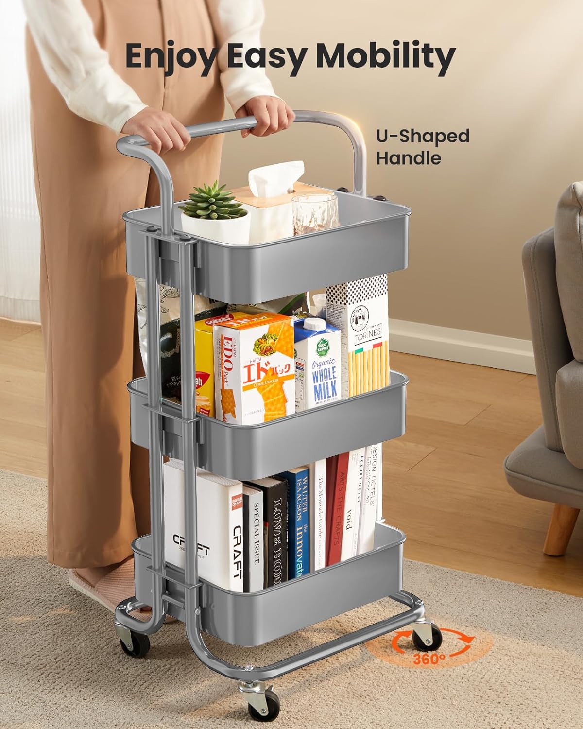 Pipishell 3 Tier Mesh Utility Cart, Rolling Metal Organization Cart with Handle and Lockable Wheels, Multifunctional Storage Shelves for Kitchen Living Room Office Grey