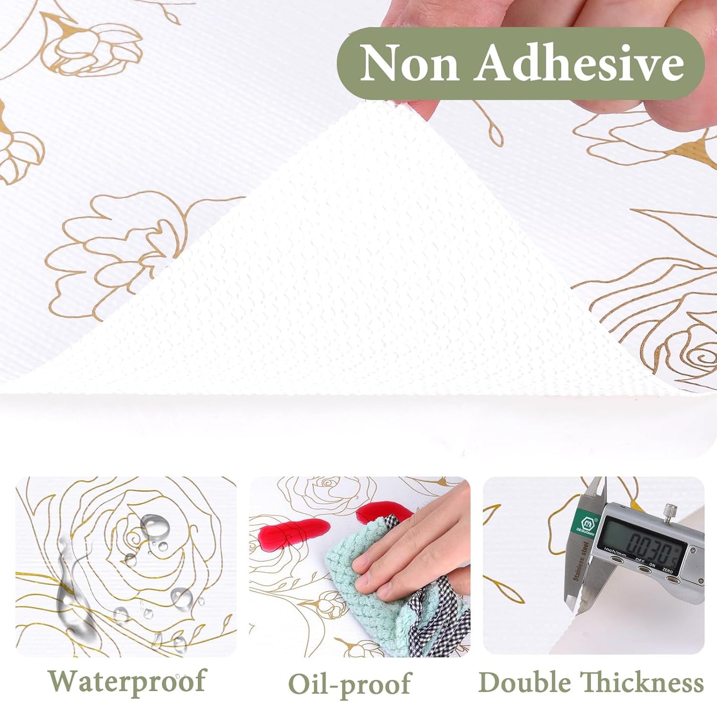 Shelf Liners for Kitchen Cabinets 12in x 30FT Non Adhesive Drawer Liner Gold Floral Thickened Shelf Liner Paper Strong Non-Slip Easy to Clean for Tool Box Refrigerator with Knife and Tape Measure