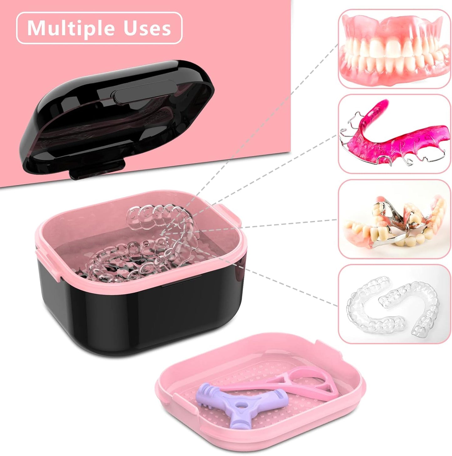 BVN Denture Bath Denture Case: Denture Cup for Soaking Dentures, Retainer Cleaner Case with Mirror, Mouth Guard Case, Aligner Case, Retainer Holder, Night Guard Case, False Teeth Container Black
