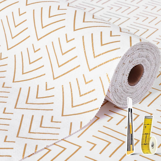 Shelf Liner for Kitchen Cabinets Non Adhesive Drawer Liner Non-Slip Thickened Shelf Liner Paper Strong Easy to Clean for Tool Box Refrigerator with Knife and Tape Measure, Gold Arrow, 11.8 x 472 in