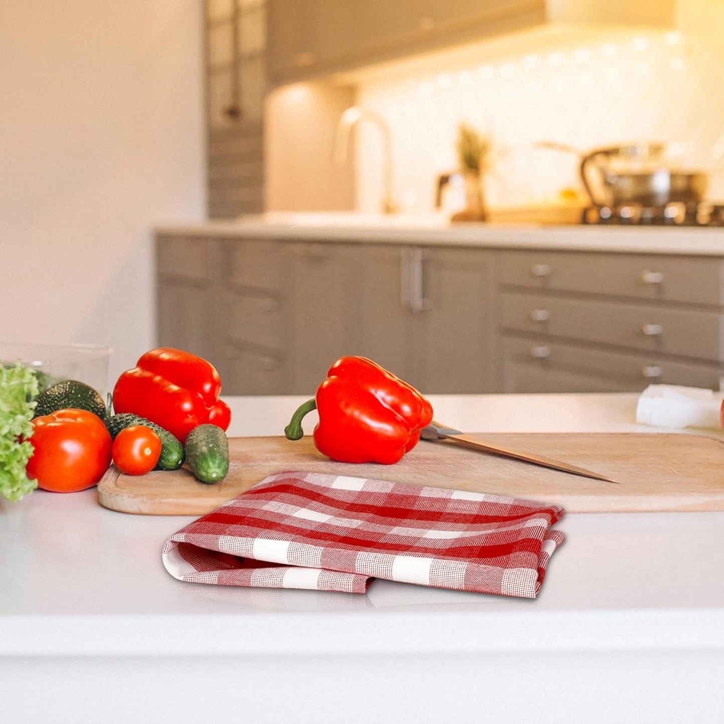 Kitchen Towels Set of 6 Soft Premium Cotton Highly Absorbent Dish Towels 20X30 Inches, Washable & Reusable Tea Towel, Quick Drying Dish Cloths for Cleaning Dishes - Red/White, Checks