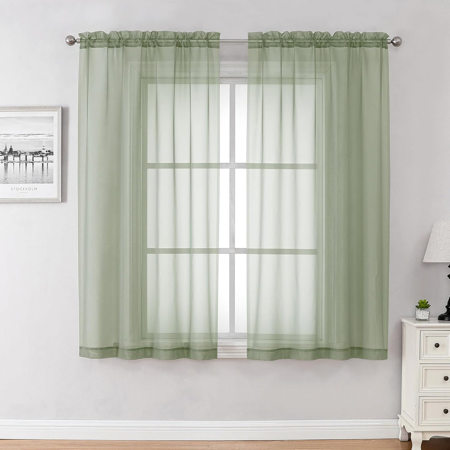 Chyhomenyc Sage Green Sheer Curtains 45 Inch Long 2 Panels, Short Voile Rod Pocket Drapes for Dinning Small Windows Bathroom Living Room Bedroom, 42Wx45L Inches