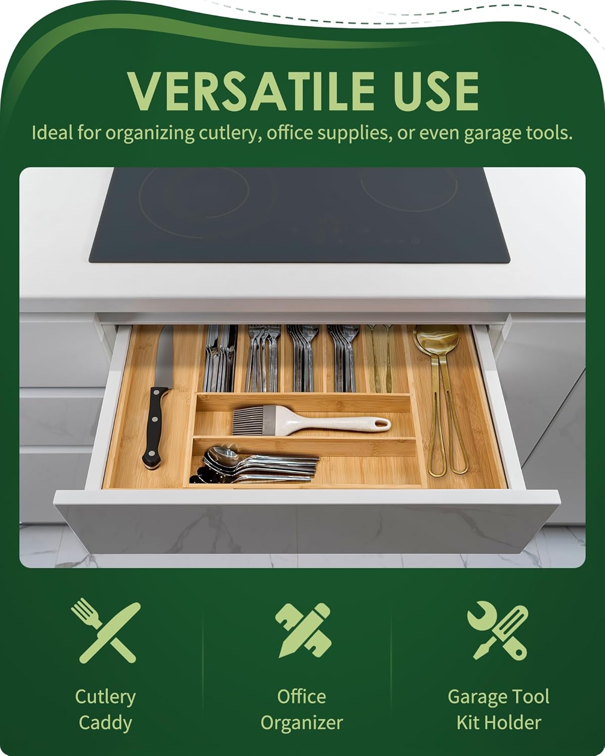 Premium Bamboo Expandable Drawer Organizer, 7-9 Slots Adjustable Kitchen Drawer Organizer for Large Cooking Utensils Cutlery, Kitchen Drawer Organization