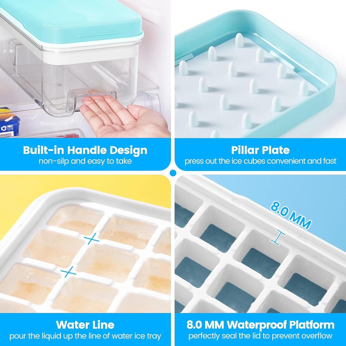 Ice Cube Tray with Lid and Bin, PHINOX 64 pcs Ice Trays for Freezer, Ice Cube Trays for Freezer with 2 trays, Container, Lid & Ice Scoop, BPA Free