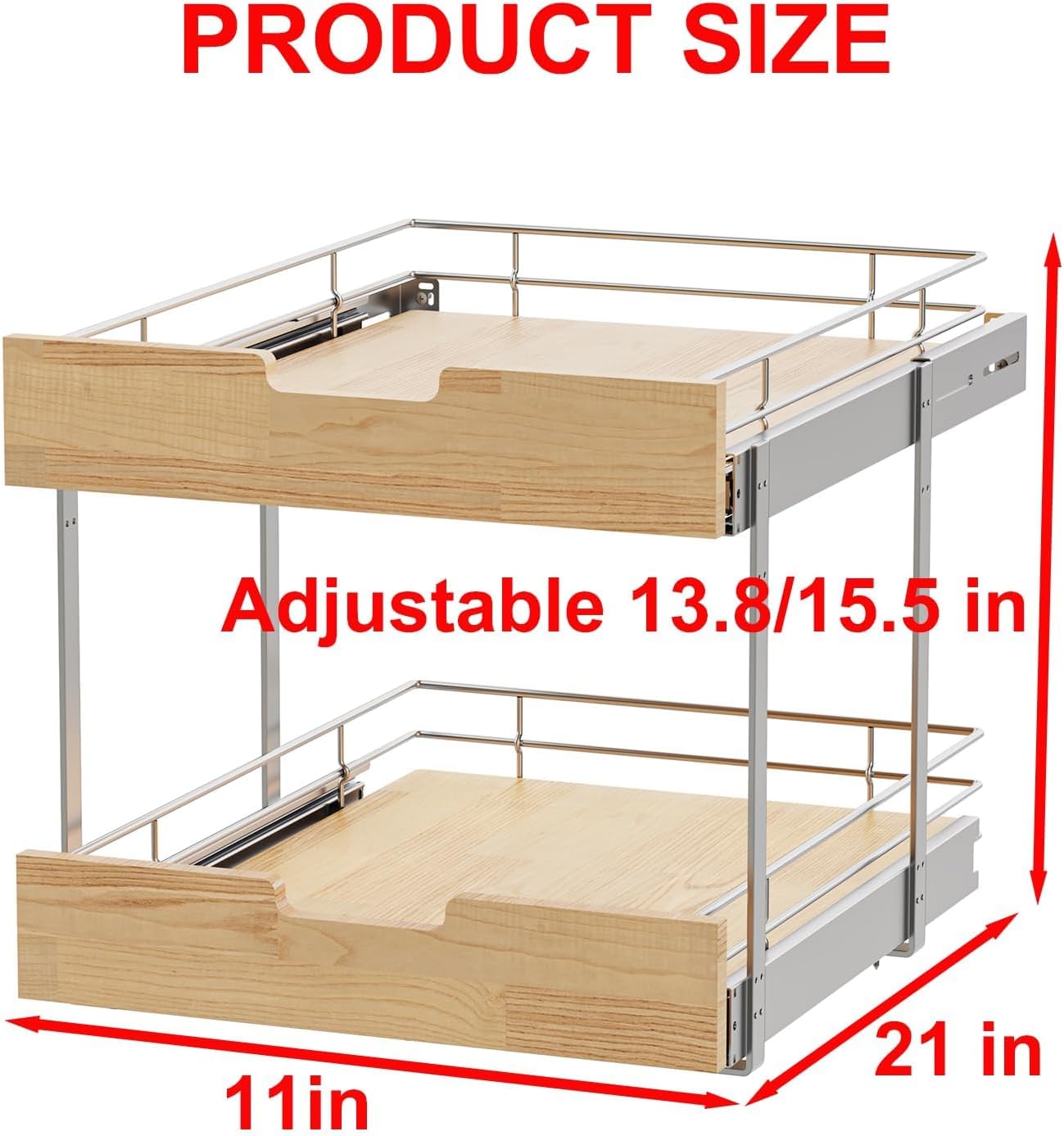 Pull Out Cabinet Organizer,Heavy-Duty Slide Out Shelf, Wood and Wire Basket, Pull Out Drawer for for Kitchen Under Sink Space, Pantry, Bathroom, 2 Tie 11 * 21 in