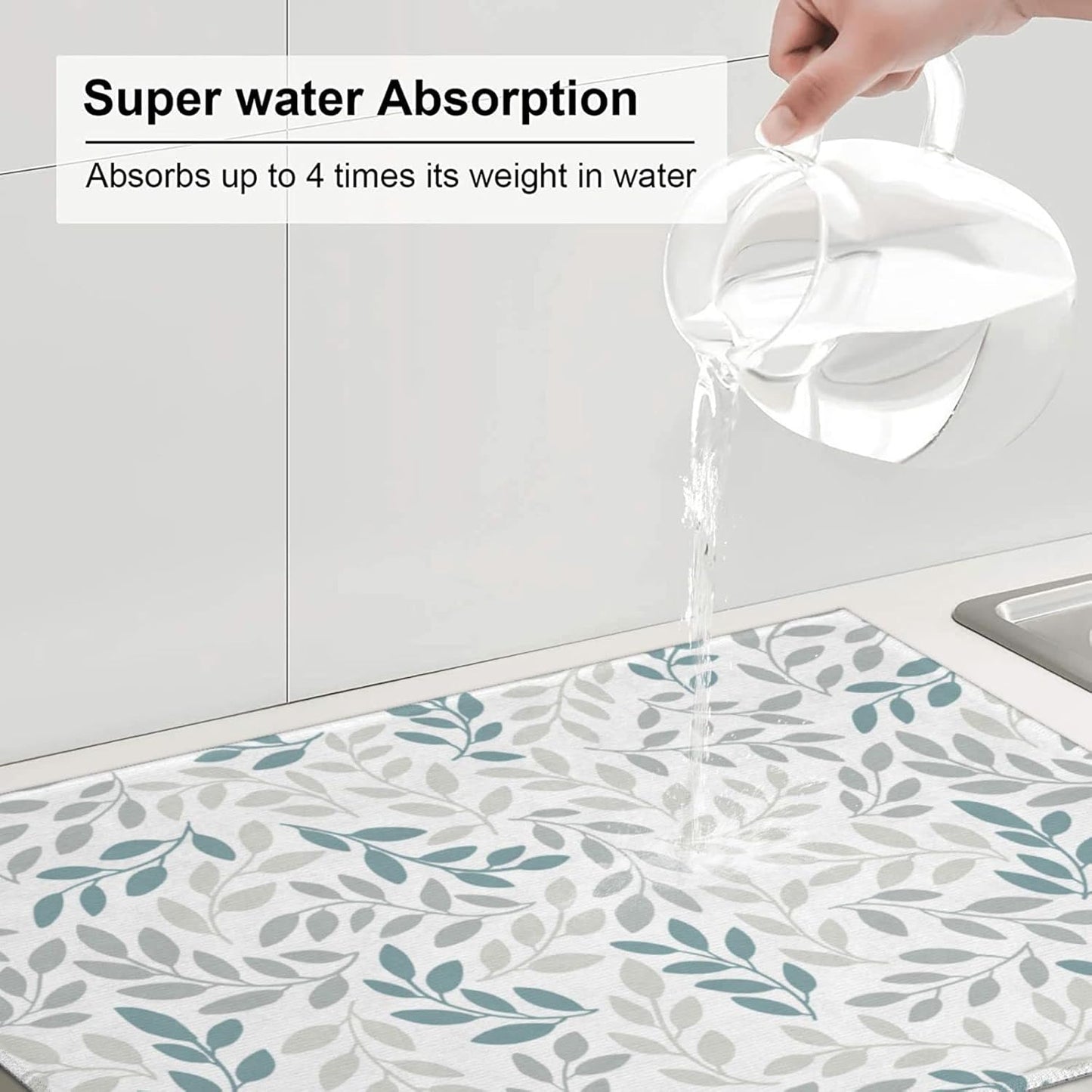 Grey And Blue Leaves Branches Microfiber Absorbent Reversible Dish Drying Mat For Kitchen Counter Xl Large Pad 18 X 24 Inch