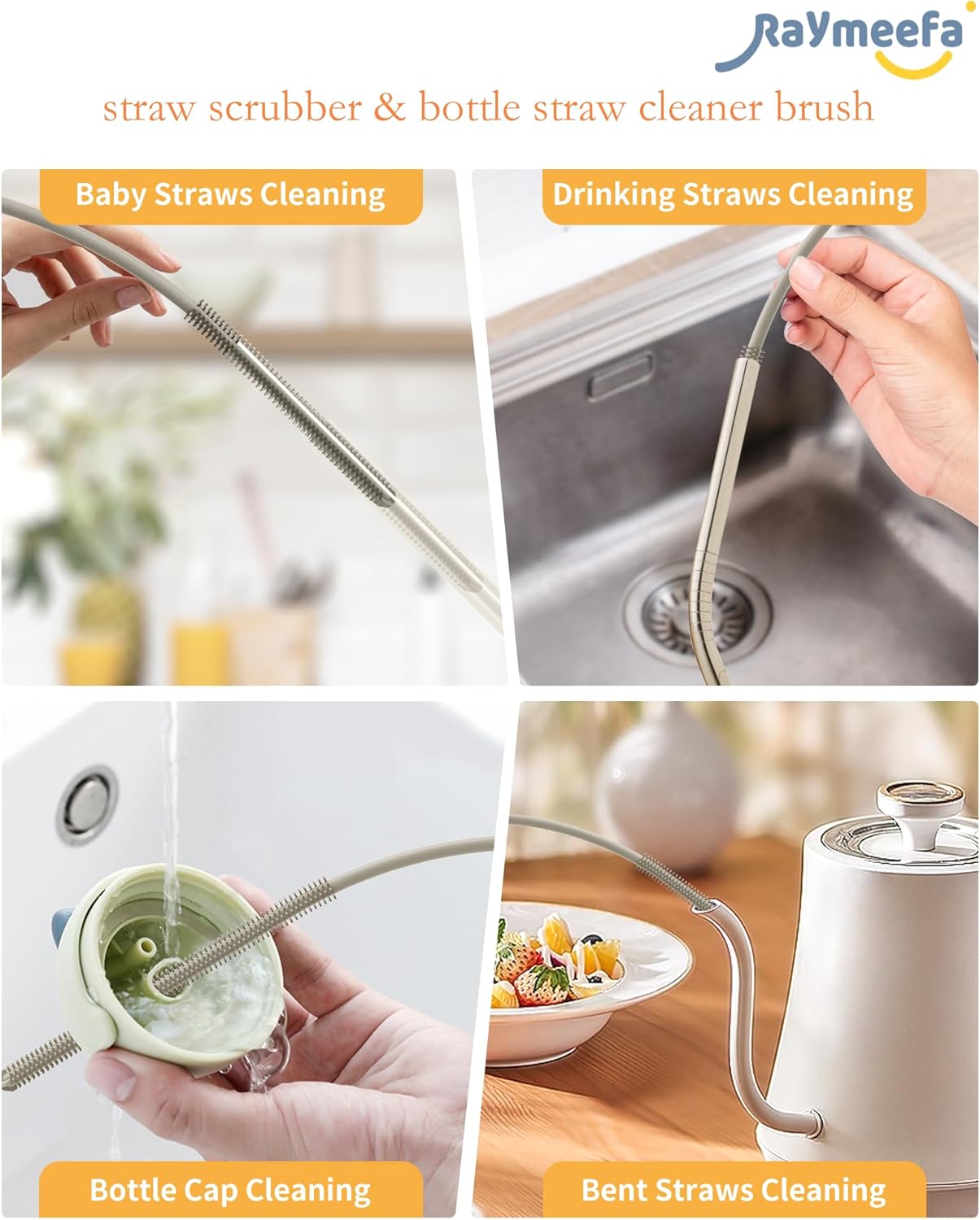 Extra Long Straw Cleaner Brush,Reusable and Soft Silicone Straw Cleaning Brush to Clean Crevice(Khaki)
