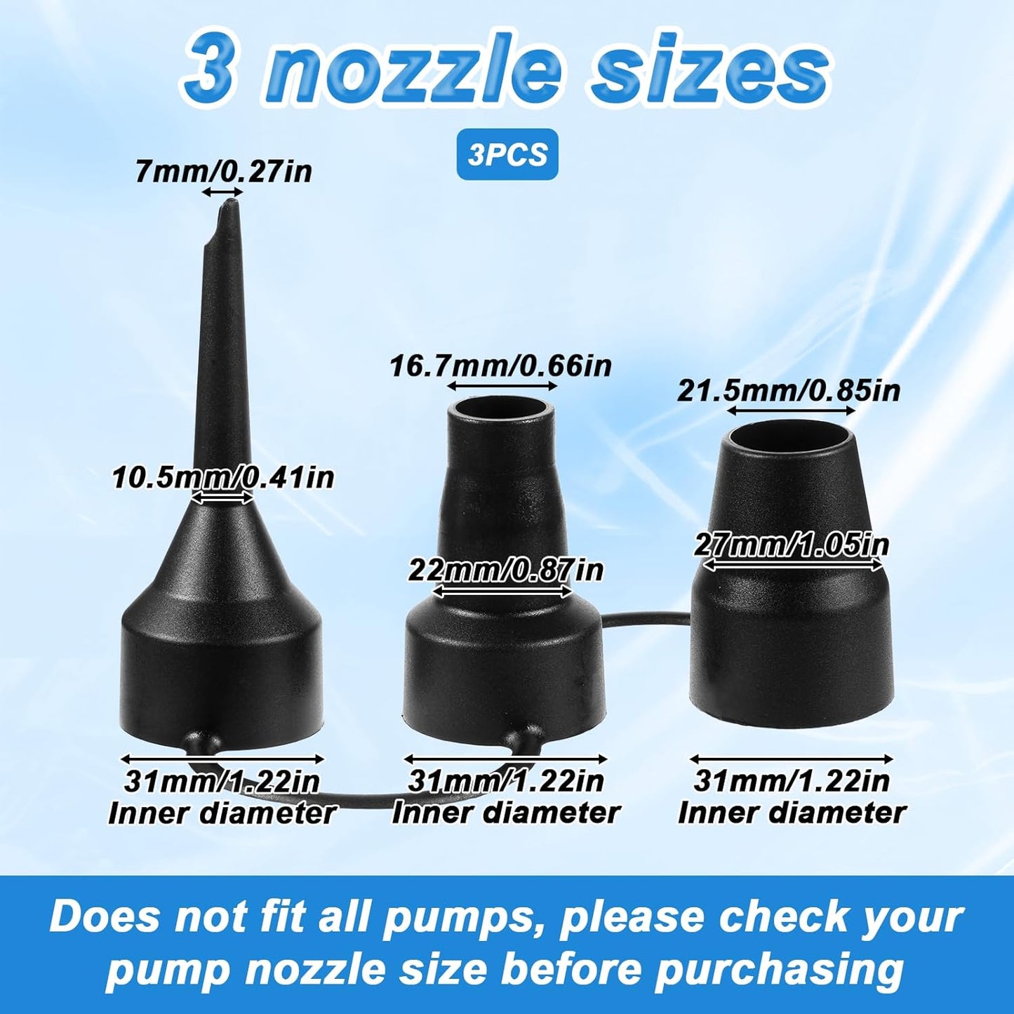 3 Pack Air Pump Nozzles 3 Size Inflatable Pumps Nozzle Head Plastic Pump Nozzles Replacement Nozzle for Partial Air Bed, Mattress Accessories