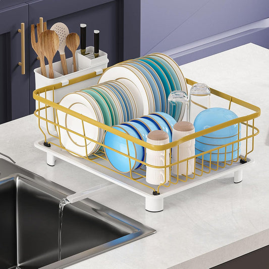 Iron Dish Drying Rack with Drainboard Dish Drainers for Kitchen Counter Extendable Spout Strainers with Utensil Holder and Knife Slots, Gold