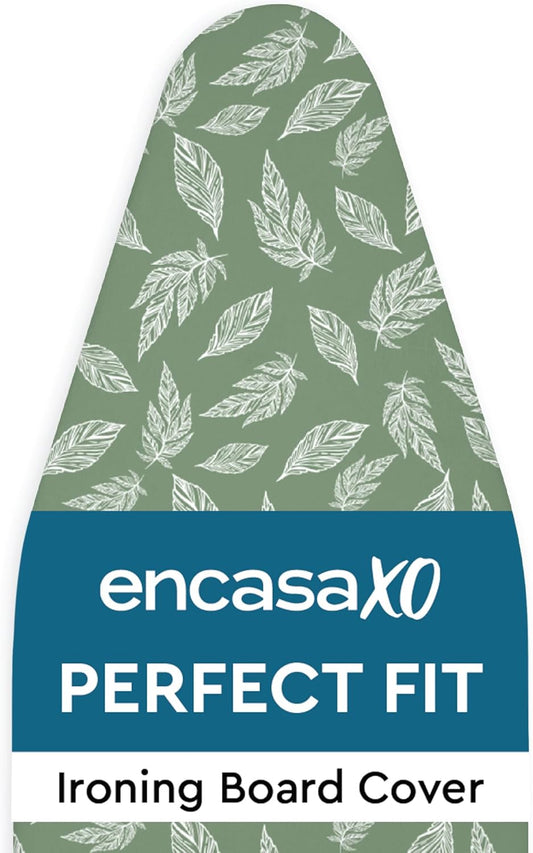 Encasa XO Ironing Board Cover and Pad 54"x15" - Thick 3mm Felt Padding, Drawstring Tightening & Lock, Easy Fit, Scorch & Stain Resistant, Fits Standard Large Ironing Board - Big Leaves Green