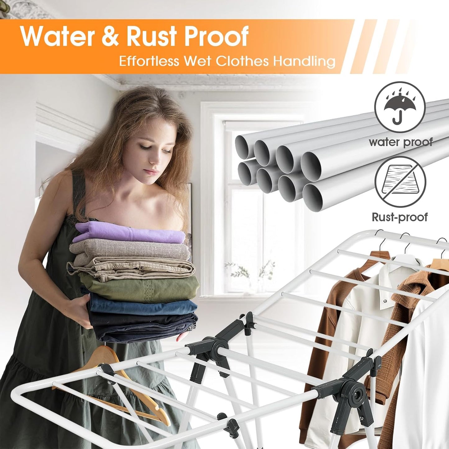 Clothes Drying Rack, Metal Foldable Laundry Drying Rack, with Adjustable Height Levels Wings, Space Saving, Indoor Outdoor Use, White Free-Standing Airer