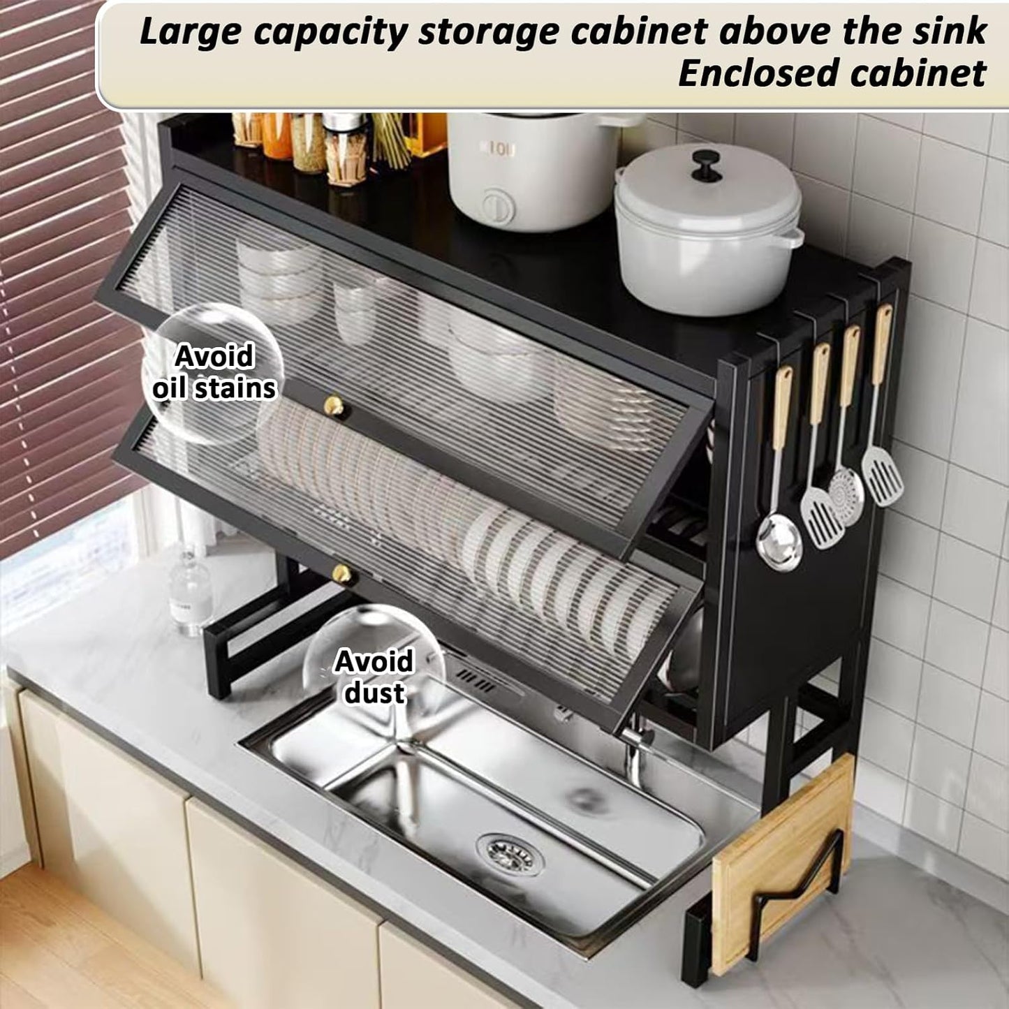 Dish Drying Rack 4 Tiers with Cover, Keep Kitchen Sink Shlef Organized Space-Saving, Large Drying Rack for Dishes, Glasses, Bowls, Cutlery black W-41.3in